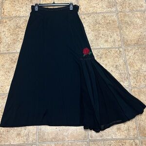 VTG April Cornell black midi Skirt A-line red rose embroidery pleating Size Med